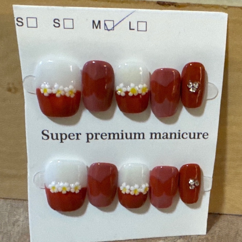 Press On Nails Medium Red White Floral Bow Rhinestone